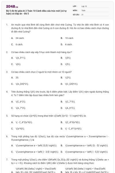 Bộ 5 đề thi giữa kì 2 Toán 10 Cánh diều cấu trúc mới (có tự luận) có đáp án - Đề 5