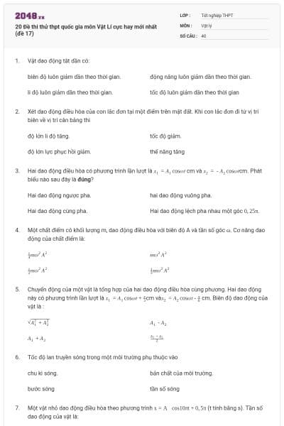 20 Đề thi thử thpt quốc gia môn Vật Lí cực hay mới nhất (đề 17)