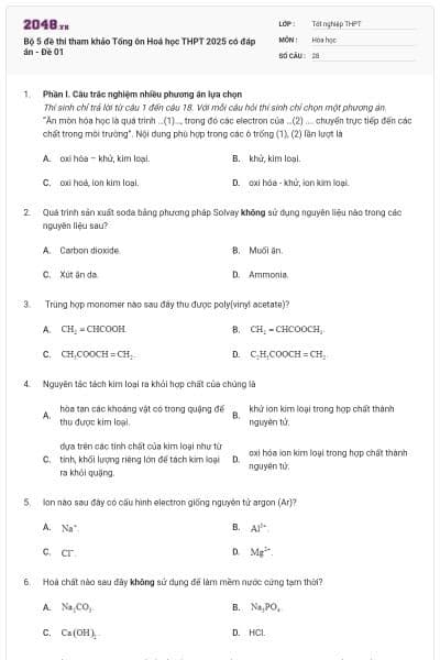 Bộ 5 đề thi tham khảo Tổng ôn Hoá học THPT 2025 có đáp án - Đề 01