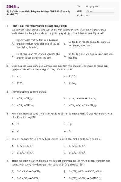 Bộ 5 đề thi tham khảo Tổng ôn Hoá học THPT 2025 có đáp án - Đề 02
