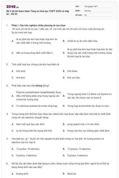Bộ 5 đề thi tham khảo Tổng ôn Hoá học THPT 2025 có đáp án - Đề 03
