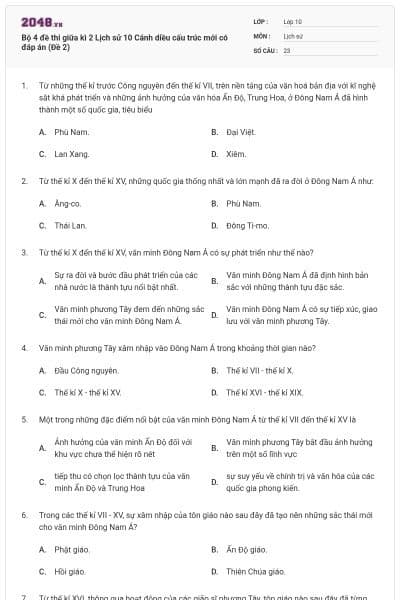 Bộ 4 đề thi giữa kì 2 Lịch sử 10 Cánh diều cấu trúc mới có đáp án (Đề 2)