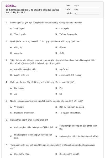 Bộ 4 đề thi giữa kì 2 Địa Lí 10 Chân trời sáng tạo cấu trúc mới có đáp án - Đề 3