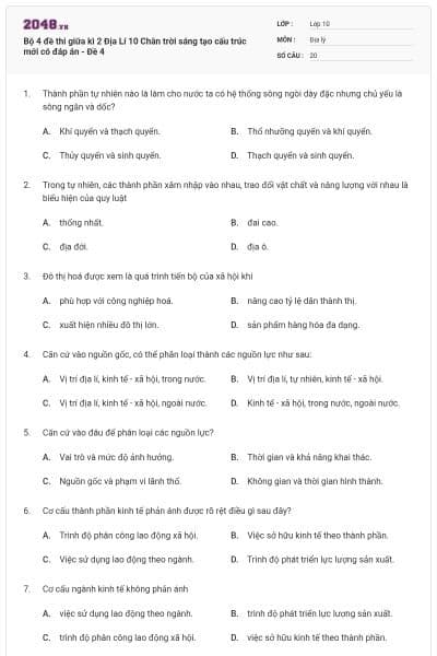 Bộ 4 đề thi giữa kì 2 Địa Lí 10 Chân trời sáng tạo cấu trúc mới có đáp án - Đề 4