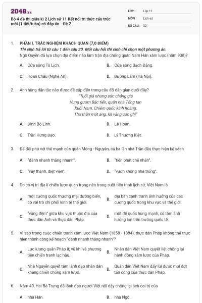 Bộ 4 đề thi giữa kì 2 Lịch sử 11 Kết nối tri thức cấu trúc mới (1 tiết/tuần) có đáp án - Đề 2