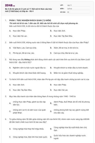 Bộ 4 đề thi giữa kì 2 Lịch sử 11 Kết nối tri thức cấu trúc mới (2 tiết/tuần) có đáp án - Đề 4