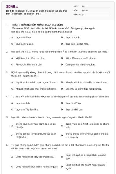 Bộ 4 đề thi giữa kì 2 Lịch sử 11 Chân trời sáng tạo cấu trúc mới (1 tiết/tuần) có đáp án - Đề 1