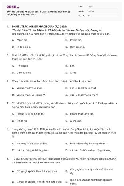 Bộ 4 đề thi giữa kì 2 Lịch sử 11 Cánh diều cấu trúc mới (2 tiết/tuần) có đáp án - Đề 1