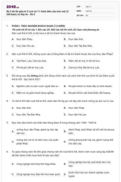 Bộ 4 đề thi giữa kì 2 Lịch sử 11 Cánh diều cấu trúc mới (2 tiết/tuần) có đáp án - Đề 2