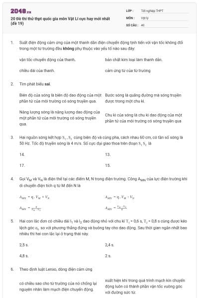 20 Đề thi thử thpt quốc gia môn Vật Lí cực hay mới nhất (đề 19)