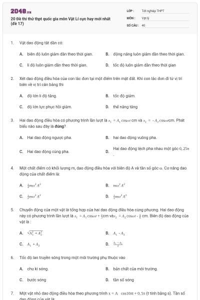 20 Đề thi thử thpt quốc gia môn Vật Lí cực hay mới nhất (đề 17)