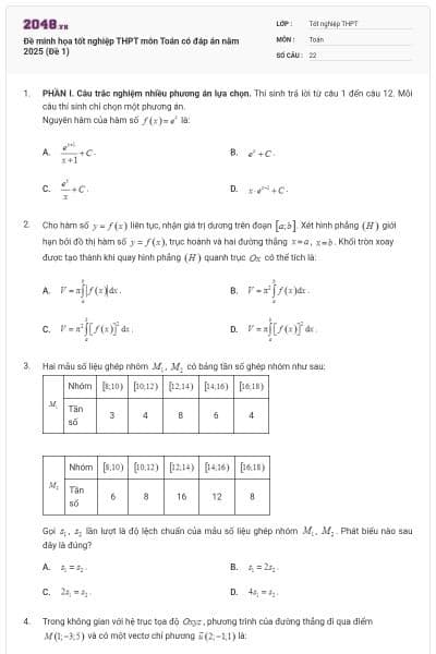 Đề minh họa tốt nghiệp THPT môn Toán có đáp án năm 2025 (Đề 1)