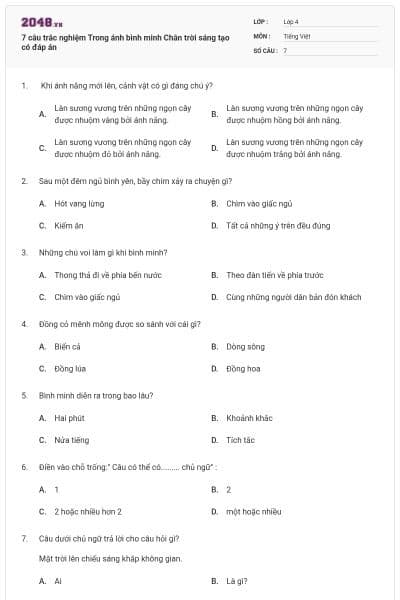 7 câu trắc nghiệm Trong ánh bình minh Chân trời sáng tạo có đáp án