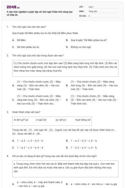 4 câu trắc nghiệm Luyện tập về chủ ngữ Chân trời sáng tạo có đáp án