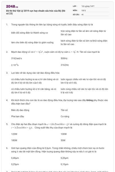 Đề thi thử Vật Lý 2019 cực hay chuẩn cấu trúc của Bộ (Đề số 23)