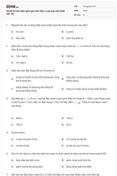 20 Đề thi thử thpt quốc gia môn Vật Lí cực hay mới nhất (đề 18)