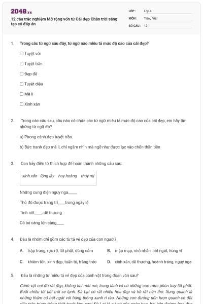 12 câu trắc nghiệm Mở rộng vốn từ Cái đẹp Chân trời sáng tạo có đáp án