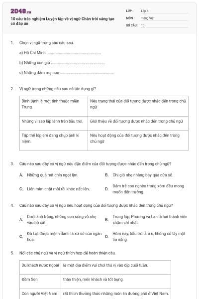 10 câu trắc nghiệm Luyện tập về vị ngữ Chân trời sáng tạo có đáp án