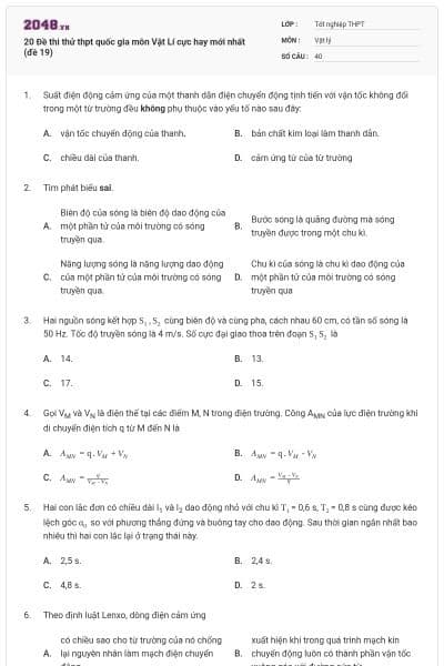 20 Đề thi thử thpt quốc gia môn Vật Lí cực hay mới nhất (đề 19)