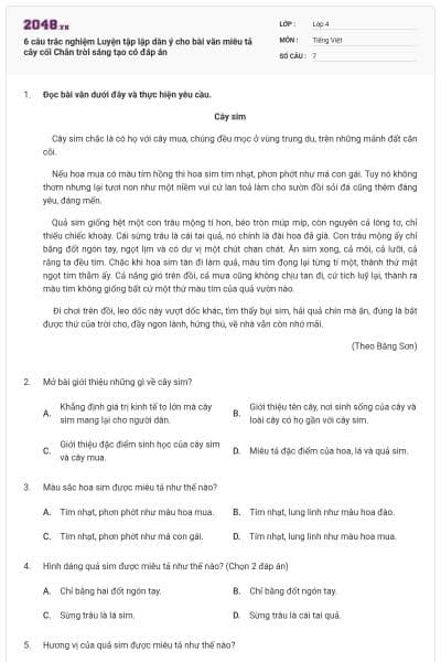 6 câu trắc nghiệm Luyện tập lập dàn ý cho bài văn miêu tả cây cối Chân trời sáng tạo có đáp án