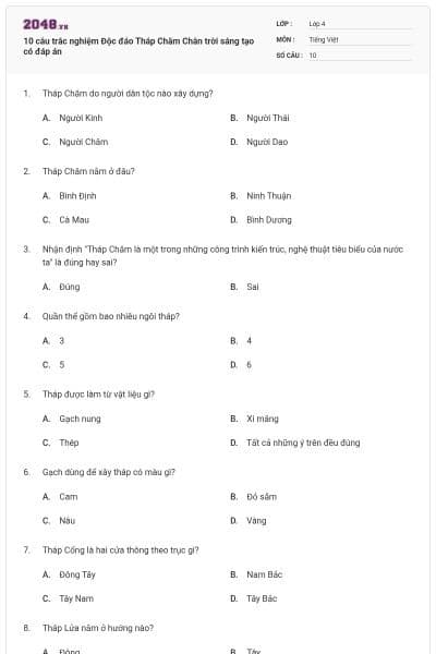 10 câu trắc nghiệm Độc đáo Tháp Chăm Chân trời sáng tạo có đáp án