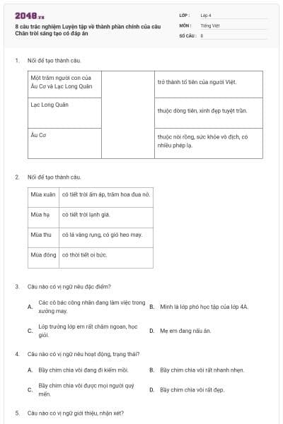 8 câu trắc nghiệm Luyện tập về thành phần chính của câu Chân trời sáng tạo có đáp án