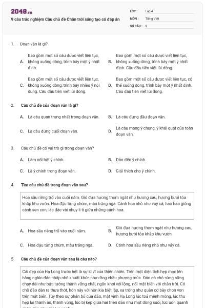 9 câu trắc nghiệm Câu chủ đề Chân trời sáng tạo có đáp án