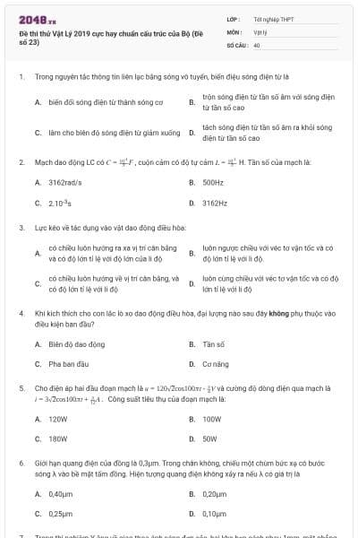 Đề thi thử Vật Lý 2019 cực hay chuẩn cấu trúc của Bộ (Đề số 23)