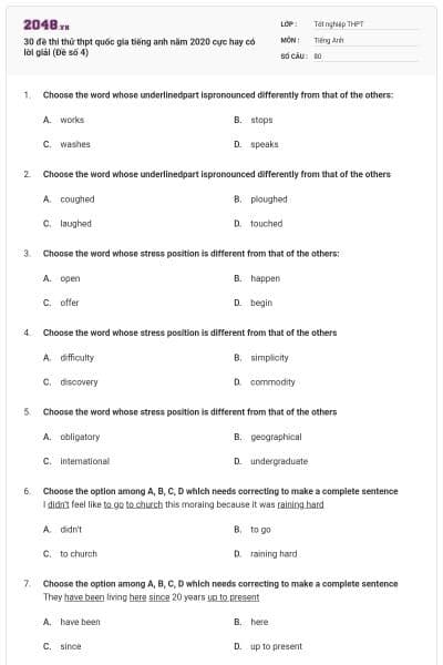 30 đề thi thử thpt quốc gia tiếng anh năm 2020 cực hay có lời giải (Đề số 4)