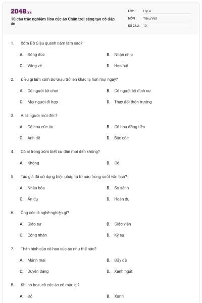 10 câu trắc nghiệm Hoa cúc áo Chân trời sáng tạo có đáp án