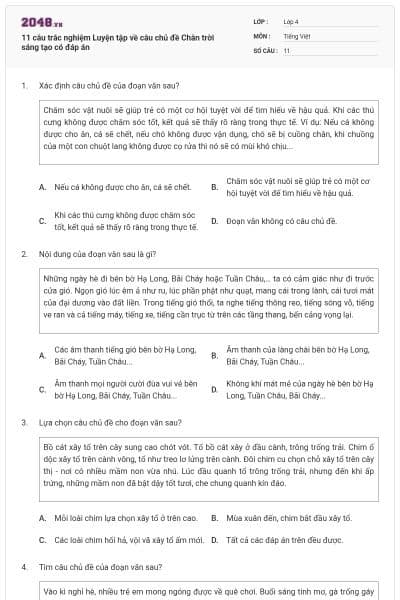 11 câu trắc nghiệm Luyện tập về câu chủ đề Chân trời sáng tạo có đáp án