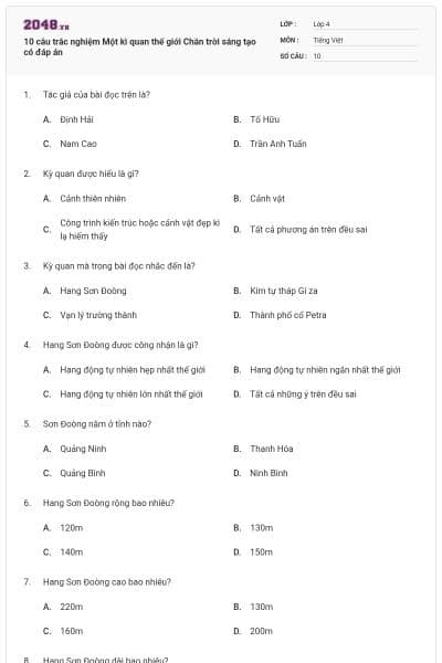 10 câu trắc nghiệm Một kì quan thế giới Chân trời sáng tạo có đáp án