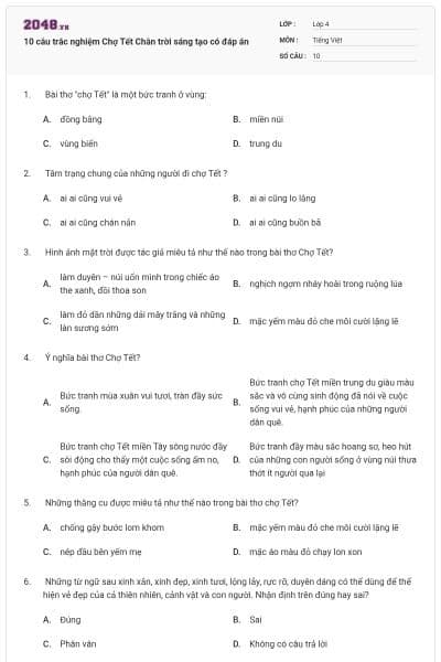 10 câu trắc nghiệm Chợ Tết Chân trời sáng tạo có đáp án
