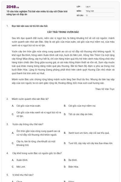 10 câu trắc nghiệm Trả bài văn miêu tả cây cối Chân trời sáng tạo có đáp án