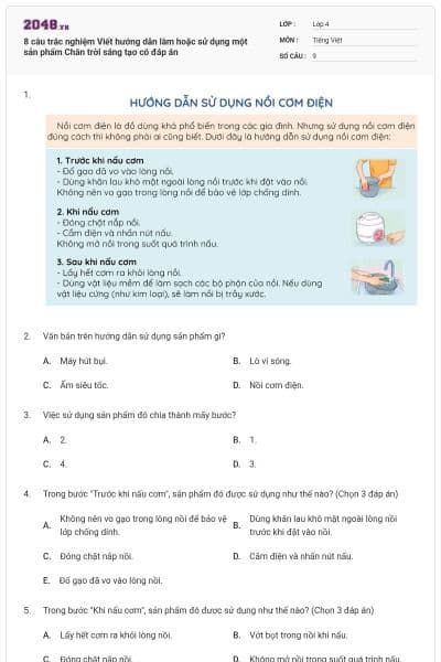 8 câu trắc nghiệm Viết hướng dẫn làm hoặc sử dụng một sản phẩm Chân trời sáng tạo có đáp án