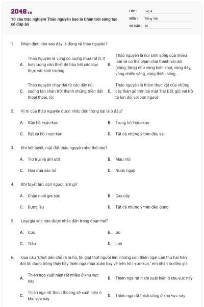 10 câu trắc nghiệm Thảo nguyên bao la Chân trời sáng tạo có đáp án