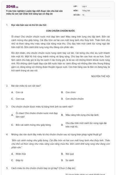 9 câu trắc nghiệm Luyện tập viết đoạn văn cho bài văn miêu tả con vật Chân trời sáng tạo có đáp án