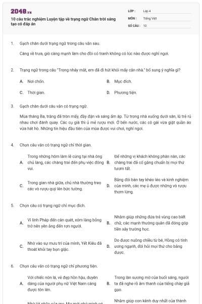 10 câu trắc nghiệm Luyện tập về trạng ngữ Chân trời sáng tạo có đáp án