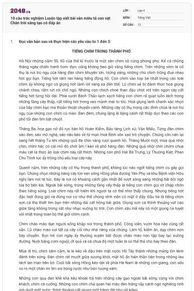 10 câu trắc nghiệm Luyện tập viết bài văn miêu tả con vật Chân trời sáng tạo có đáp án