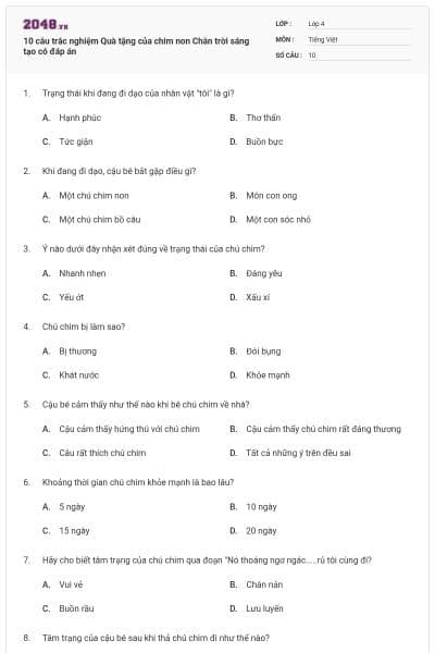 10 câu trắc nghiệm Quà tặng của chim non Chân trời sáng tạo có đáp án