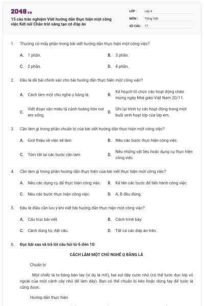 15 câu trắc nghiệm Viết hướng dẫn thực hiện một công việc Kết nối Chân trời sáng tạo có đáp án