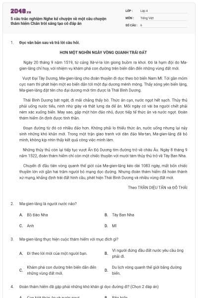 5 câu trắc nghiệm Nghe kể chuyện về một câu chuyện thám hiểm Chân trời sáng tạo có đáp án