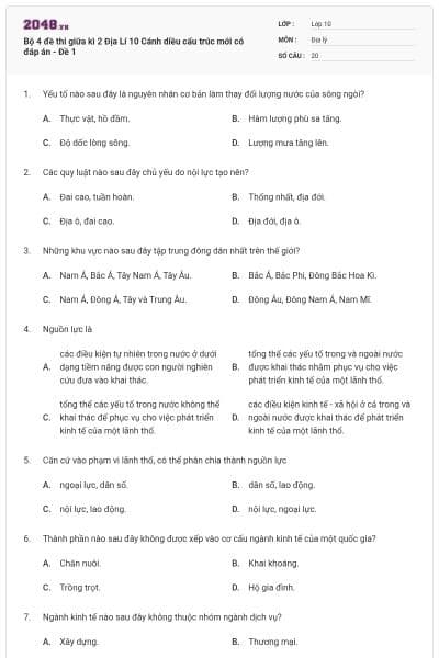 Bộ 4 đề thi giữa kì 2 Địa Lí 10 Cánh diều cấu trúc mới có đáp án - Đề 1