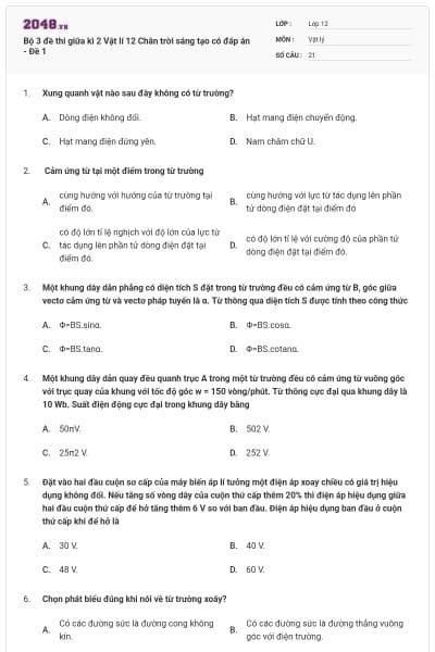 Bộ 3 đề thi giữa kì 2 Vật lí 12 Chân trời sáng tạo có đáp án - Đề 1
