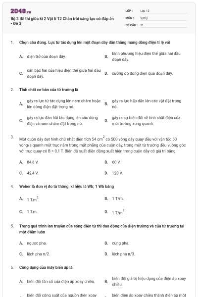 Bộ 3 đề thi giữa kì 2 Vật lí 12 Chân trời sáng tạo có đáp án - Đề 3