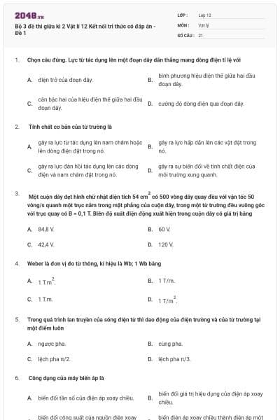 Bộ 3 đề thi giữa kì 2 Vật lí 12 Kết nối tri thức có đáp án - Đề 1