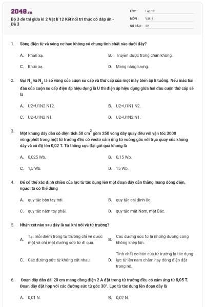 Bộ 3 đề thi giữa kì 2 Vật lí 12 Kết nối tri thức có đáp án - Đề 3