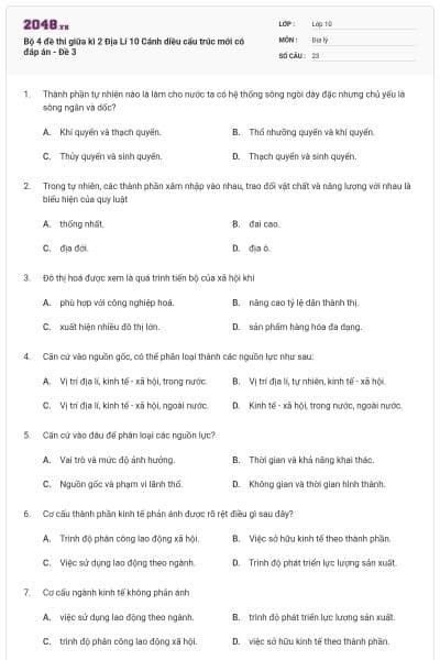 Bộ 4 đề thi giữa kì 2 Địa Lí 10 Cánh diều cấu trúc mới có đáp án - Đề 3