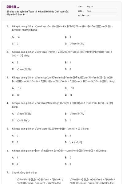 20 câu trắc nghiệm Toán 11 Kết nối tri thức Giới hạn của dãy số có đáp án