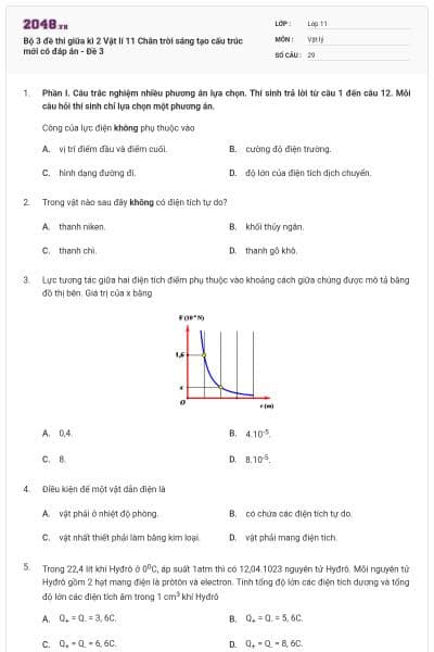 Bộ 3 đề thi giữa kì 2 Vật lí 11 Chân trời sáng tạo cấu trúc mới có đáp án - Đề 3